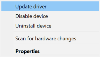 Right-click menu on Windows 10 with Update Driver option highlighted.