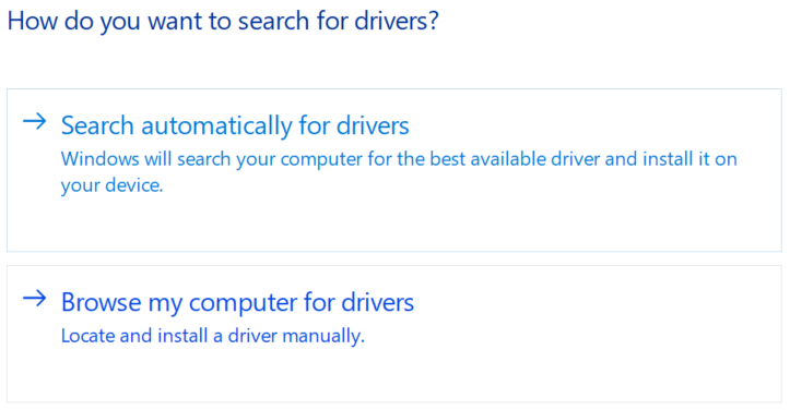 Windows 10 dialog window for How Do You Want To Search For Drivers