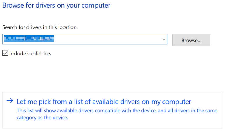 Windows 10 Browse For Drivers On Your Computer window