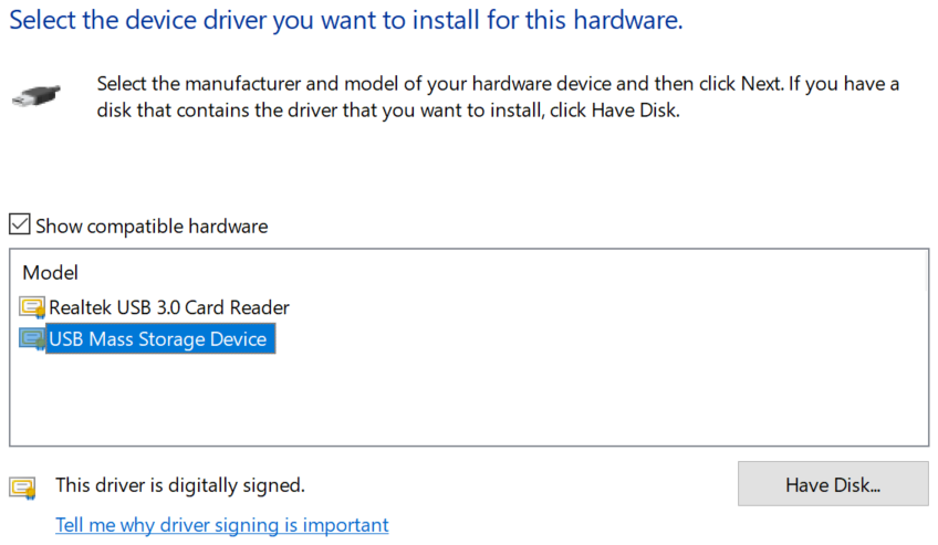 Windows 10 Select Device Driver window with USB Mass Storage Drive option selected instead of Realtek USB 3.0 Card Reader