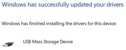 Windows 10 driver update window showing USB Mass Storage Device installed