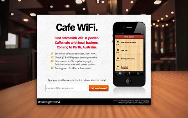 The landing page for Cafe Wifi beta