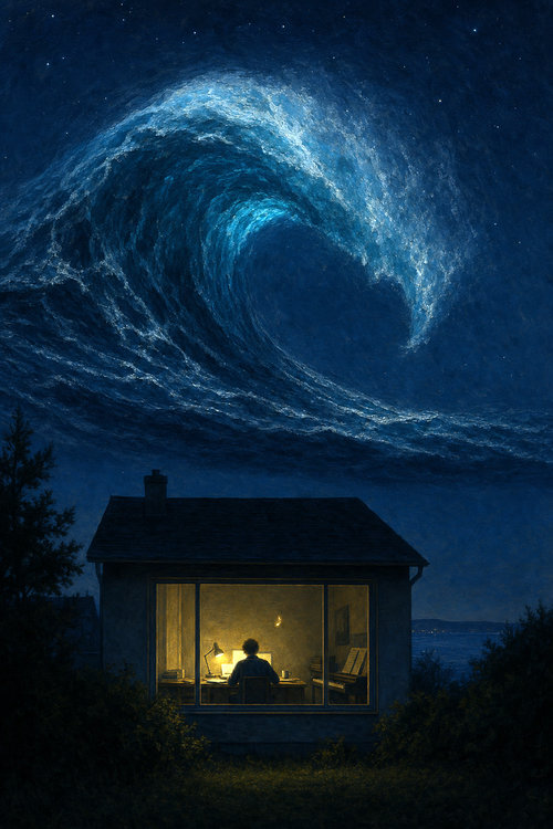 AI Generated Image: A small house seen from outside at 4am, viewed across a darkened yard. Through a large warmly-lit window we glimpse the interior: a figure sits at a desk with their back to the viewer, working at a glowing computer screen. The room is amber-lit by a small desk lamp; a few papers, a coffee cup, sheet music stacked nearby, a small electronic keyboard against the wall. The figure's posture is focused, quietly absorbed � not triumphant, not collapsed, just present in the work. Outside the house, an immense dark ocean wave is suspended in midair, frozen mid-crash, towering high above the small house but not falling. The wave is vast, dark indigo-teal with subtle luminescence at its curl, heavy with weight. It is held aloft, not crashing. The night sky behind the wave is deep ink-blue with a scattering of small stars. A single small warm note of light � almost like a golden musical note or a tiny luminous mote � floats in the air just inside the window, between the working figure and the suspended wave. It is barely visible against the lamp glow but unmistakably there.  Composition: tall vertical, the wave dominating the upper two-thirds, the small house with its warm window in the lower third, the figure tiny but central. Small warm light inside a vast pressing dark � the light persists without triumph. The wave is real, the room is real, both coexist. Style: painterly oil-painting texture, emotionally honest, quietly held. Influenced by Edward Hopper's interior warmth, Caspar David Friedrich's small figure against immensity, and the soft nocturnal palette of a Studio Ghibli night scene. No text, no signage. Atmospheric, intimate, weighted.